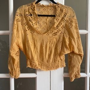 Free People Mustard Yellow Eyelet Balloon Sleeve Top